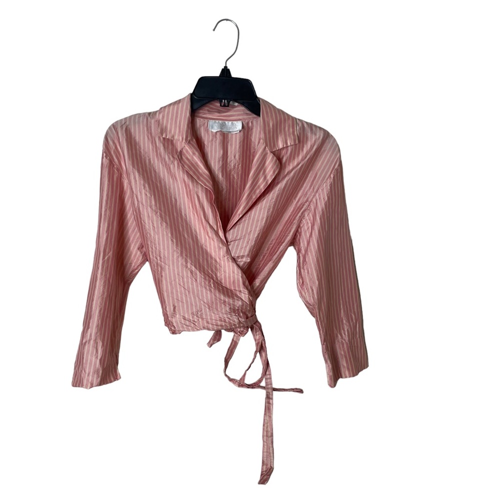 Vintage Badgley Mischka Pink White Wrap Shirt – Elegant & Timeless